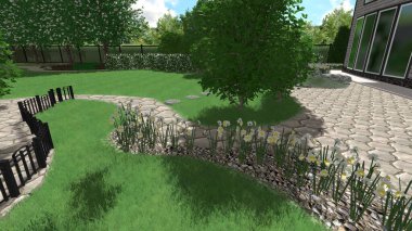 Memleketin peyzaj tasarımının 3 boyutlu görüntüsü. Bölgenin peyzajı. Birleşik peyzaj ve peyzaj çözümlerinin bilgisayar görselleştirmesi.