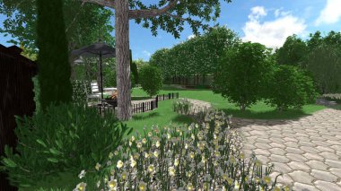 Memleketin peyzaj tasarımının 3 boyutlu görüntüsü. Bölgenin peyzajı. Birleşik peyzaj ve peyzaj çözümlerinin bilgisayar görselleştirmesi.