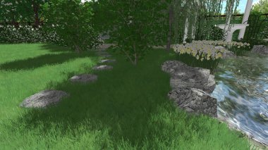 Memleketin peyzaj tasarımının 3 boyutlu görüntüsü. Bölgenin peyzajı. Birleşik peyzaj ve peyzaj çözümlerinin bilgisayar görselleştirmesi.