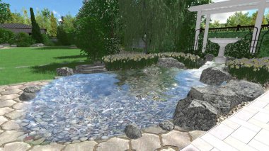 Memleketin peyzaj tasarımının 3 boyutlu görüntüsü. Bölgenin peyzajı. Birleşik peyzaj ve peyzaj çözümlerinin bilgisayar görselleştirmesi.