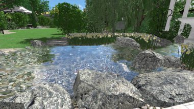 Memleketin peyzaj tasarımının 3 boyutlu görüntüsü. Bölgenin peyzajı. Birleşik peyzaj ve peyzaj çözümlerinin bilgisayar görselleştirmesi.