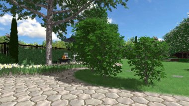 Memleketin peyzaj tasarımının 3 boyutlu görüntüsü. Bölgenin peyzajı. Birleşik peyzaj ve peyzaj çözümlerinin bilgisayar görselleştirmesi.