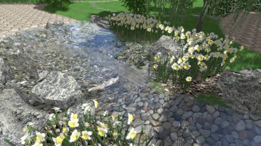 Memleketin peyzaj tasarımının 3 boyutlu görüntüsü. Bölgenin peyzajı. Birleşik peyzaj ve peyzaj çözümlerinin bilgisayar görselleştirmesi.