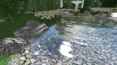 Memleketin peyzaj tasarımının 3 boyutlu görüntüsü. Bölgenin peyzajı. Birleşik peyzaj ve peyzaj çözümlerinin bilgisayar görselleştirmesi.