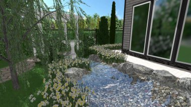 Memleketin peyzaj tasarımının 3 boyutlu görüntüsü. Bölgenin peyzajı. Birleşik peyzaj ve peyzaj çözümlerinin bilgisayar görselleştirmesi.