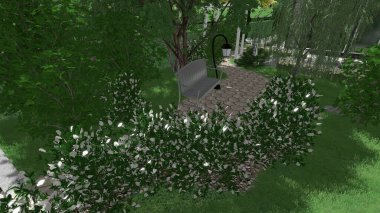 Memleketin peyzaj tasarımının 3 boyutlu görüntüsü. Bölgenin peyzajı. Birleşik peyzaj ve peyzaj çözümlerinin bilgisayar görselleştirmesi.