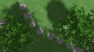 Memleketin peyzaj tasarımının 3 boyutlu görüntüsü. Bölgenin peyzajı. Birleşik peyzaj ve peyzaj çözümlerinin bilgisayar görselleştirmesi.