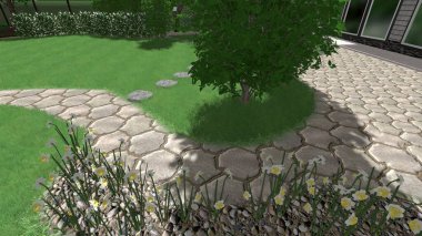 Memleketin peyzaj tasarımının 3 boyutlu görüntüsü. Bölgenin peyzajı. Birleşik peyzaj ve peyzaj çözümlerinin bilgisayar görselleştirmesi.