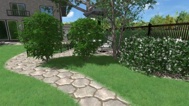 Memleketin peyzaj tasarımının 3 boyutlu görüntüsü. Bölgenin peyzajı. Birleşik peyzaj ve peyzaj çözümlerinin bilgisayar görselleştirmesi.