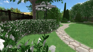 Memleketin peyzaj tasarımının 3 boyutlu görüntüsü. Bölgenin peyzajı. Birleşik peyzaj ve peyzaj çözümlerinin bilgisayar görselleştirmesi.