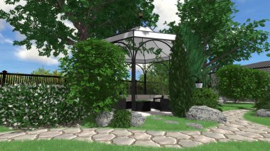 Memleketin peyzaj tasarımının 3 boyutlu görüntüsü. Bölgenin peyzajı. Birleşik peyzaj ve peyzaj çözümlerinin bilgisayar görselleştirmesi.