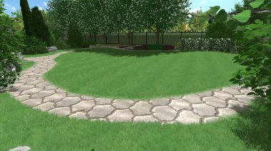 Memleketin peyzaj tasarımının 3 boyutlu görüntüsü. Bölgenin peyzajı. Birleşik peyzaj ve peyzaj çözümlerinin bilgisayar görselleştirmesi.