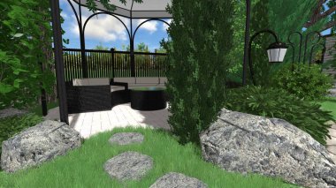 Memleketin peyzaj tasarımının 3 boyutlu görüntüsü. Bölgenin peyzajı. Birleşik peyzaj ve peyzaj çözümlerinin bilgisayar görselleştirmesi.