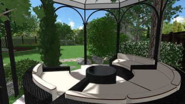 Memleketin peyzaj tasarımının 3 boyutlu görüntüsü. Bölgenin peyzajı. Birleşik peyzaj ve peyzaj çözümlerinin bilgisayar görselleştirmesi.