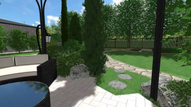 Memleketin peyzaj tasarımının 3 boyutlu görüntüsü. Bölgenin peyzajı. Birleşik peyzaj ve peyzaj çözümlerinin bilgisayar görselleştirmesi.