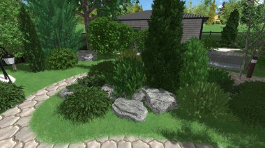 Memleketin peyzaj tasarımının 3 boyutlu görüntüsü. Bölgenin peyzajı. Birleşik peyzaj ve peyzaj çözümlerinin bilgisayar görselleştirmesi.