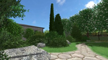 Memleketin peyzaj tasarımının 3 boyutlu görüntüsü. Bölgenin peyzajı. Birleşik peyzaj ve peyzaj çözümlerinin bilgisayar görselleştirmesi.