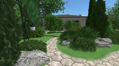 Memleketin peyzaj tasarımının 3 boyutlu görüntüsü. Bölgenin peyzajı. Birleşik peyzaj ve peyzaj çözümlerinin bilgisayar görselleştirmesi.