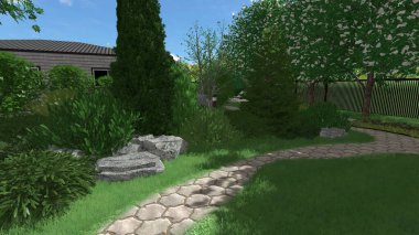 Memleketin peyzaj tasarımının 3 boyutlu görüntüsü. Bölgenin peyzajı. Birleşik peyzaj ve peyzaj çözümlerinin bilgisayar görselleştirmesi.