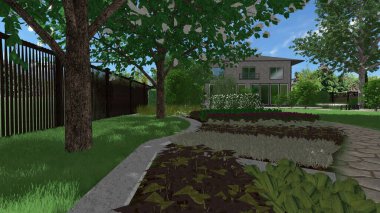 Memleketin peyzaj tasarımının 3 boyutlu görüntüsü. Bölgenin peyzajı. Birleşik peyzaj ve peyzaj çözümlerinin bilgisayar görselleştirmesi.