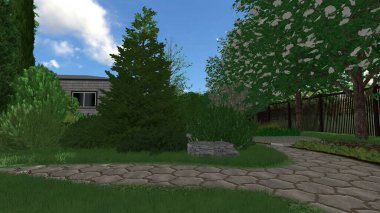 Memleketin peyzaj tasarımının 3 boyutlu görüntüsü. Bölgenin peyzajı. Birleşik peyzaj ve peyzaj çözümlerinin bilgisayar görselleştirmesi.