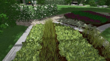 Memleketin peyzaj tasarımının 3 boyutlu görüntüsü. Bölgenin peyzajı. Birleşik peyzaj ve peyzaj çözümlerinin bilgisayar görselleştirmesi.