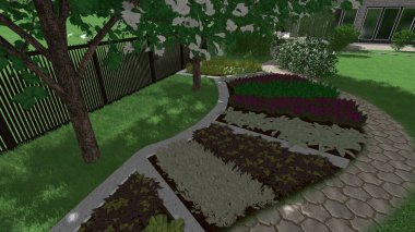 Memleketin peyzaj tasarımının 3 boyutlu görüntüsü. Bölgenin peyzajı. Birleşik peyzaj ve peyzaj çözümlerinin bilgisayar görselleştirmesi.