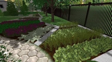 Memleketin peyzaj tasarımının 3 boyutlu görüntüsü. Bölgenin peyzajı. Birleşik peyzaj ve peyzaj çözümlerinin bilgisayar görselleştirmesi.