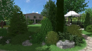 Memleketin peyzaj tasarımının 3 boyutlu görüntüsü. Bölgenin peyzajı. Birleşik peyzaj ve peyzaj çözümlerinin bilgisayar görselleştirmesi.