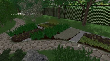 Memleketin peyzaj tasarımının 3 boyutlu görüntüsü. Bölgenin peyzajı. Birleşik peyzaj ve peyzaj çözümlerinin bilgisayar görselleştirmesi.