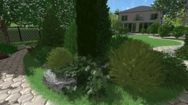 Memleketin peyzaj tasarımının 3 boyutlu görüntüsü. Bölgenin peyzajı. Birleşik peyzaj ve peyzaj çözümlerinin bilgisayar görselleştirmesi.