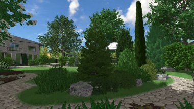 Memleketin peyzaj tasarımının 3 boyutlu görüntüsü. Bölgenin peyzajı. Birleşik peyzaj ve peyzaj çözümlerinin bilgisayar görselleştirmesi.