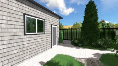 Memleketin peyzaj tasarımının 3 boyutlu görüntüsü. Bölgenin peyzajı. Birleşik peyzaj ve peyzaj çözümlerinin bilgisayar görselleştirmesi.