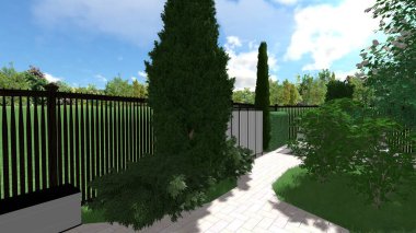 Memleketin peyzaj tasarımının 3 boyutlu görüntüsü. Bölgenin peyzajı. Birleşik peyzaj ve peyzaj çözümlerinin bilgisayar görselleştirmesi.