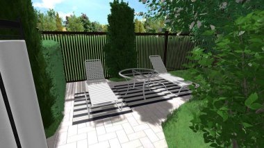 Memleketin peyzaj tasarımının 3 boyutlu görüntüsü. Bölgenin peyzajı. Birleşik peyzaj ve peyzaj çözümlerinin bilgisayar görselleştirmesi.