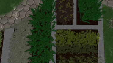 Memleketin peyzaj tasarımının 3 boyutlu görüntüsü. Bölgenin peyzajı. Birleşik peyzaj ve peyzaj çözümlerinin bilgisayar görselleştirmesi.