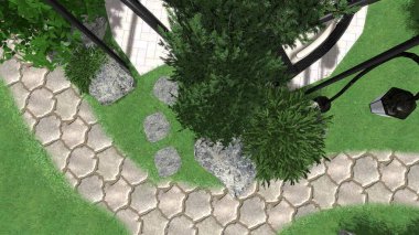 Memleketin peyzaj tasarımının 3 boyutlu görüntüsü. Bölgenin peyzajı. Birleşik peyzaj ve peyzaj çözümlerinin bilgisayar görselleştirmesi.