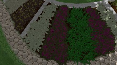 Memleketin peyzaj tasarımının 3 boyutlu görüntüsü. Bölgenin peyzajı. Birleşik peyzaj ve peyzaj çözümlerinin bilgisayar görselleştirmesi.