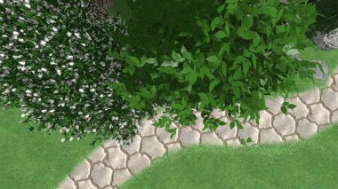 Memleketin peyzaj tasarımının 3 boyutlu görüntüsü. Bölgenin peyzajı. Birleşik peyzaj ve peyzaj çözümlerinin bilgisayar görselleştirmesi.