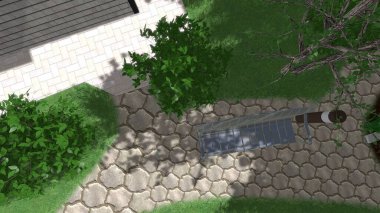 Memleketin peyzaj tasarımının 3 boyutlu görüntüsü. Bölgenin peyzajı. Birleşik peyzaj ve peyzaj çözümlerinin bilgisayar görselleştirmesi.