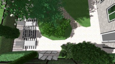 Memleketin peyzaj tasarımının 3 boyutlu görüntüsü. Bölgenin peyzajı. Birleşik peyzaj ve peyzaj çözümlerinin bilgisayar görselleştirmesi.