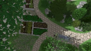 Memleketin peyzaj tasarımının 3 boyutlu görüntüsü. Bölgenin peyzajı. Birleşik peyzaj ve peyzaj çözümlerinin bilgisayar görselleştirmesi.