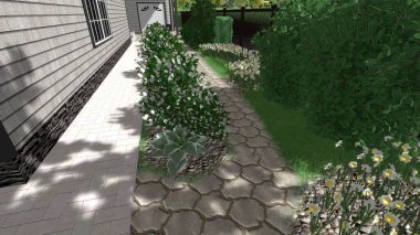 Memleketin peyzaj tasarımının 3 boyutlu görüntüsü. Bölgenin peyzajı. Birleşik peyzaj ve peyzaj çözümlerinin bilgisayar görselleştirmesi.