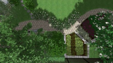 Memleketin peyzaj tasarımının 3 boyutlu görüntüsü. Bölgenin peyzajı. Birleşik peyzaj ve peyzaj çözümlerinin bilgisayar görselleştirmesi.