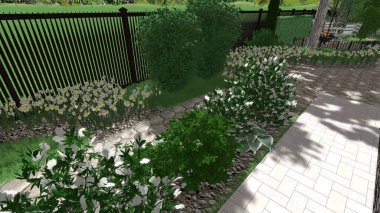 Memleketin peyzaj tasarımının 3 boyutlu görüntüsü. Bölgenin peyzajı. Birleşik peyzaj ve peyzaj çözümlerinin bilgisayar görselleştirmesi.