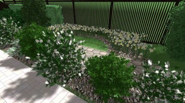 Memleketin peyzaj tasarımının 3 boyutlu görüntüsü. Bölgenin peyzajı. Birleşik peyzaj ve peyzaj çözümlerinin bilgisayar görselleştirmesi.