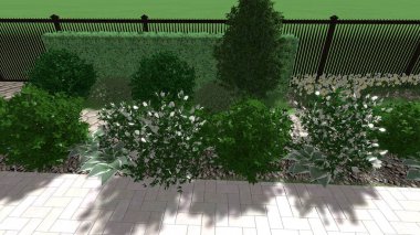 Memleketin peyzaj tasarımının 3 boyutlu görüntüsü. Bölgenin peyzajı. Birleşik peyzaj ve peyzaj çözümlerinin bilgisayar görselleştirmesi.