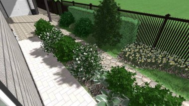 Memleketin peyzaj tasarımının 3 boyutlu görüntüsü. Bölgenin peyzajı. Birleşik peyzaj ve peyzaj çözümlerinin bilgisayar görselleştirmesi.