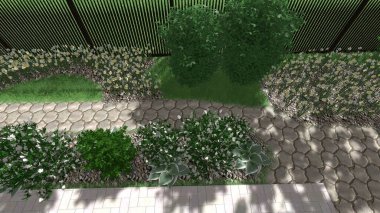 Memleketin peyzaj tasarımının 3 boyutlu görüntüsü. Bölgenin peyzajı. Birleşik peyzaj ve peyzaj çözümlerinin bilgisayar görselleştirmesi.