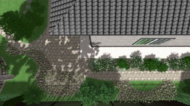 Memleketin peyzaj tasarımının 3 boyutlu görüntüsü. Bölgenin peyzajı. Birleşik peyzaj ve peyzaj çözümlerinin bilgisayar görselleştirmesi.